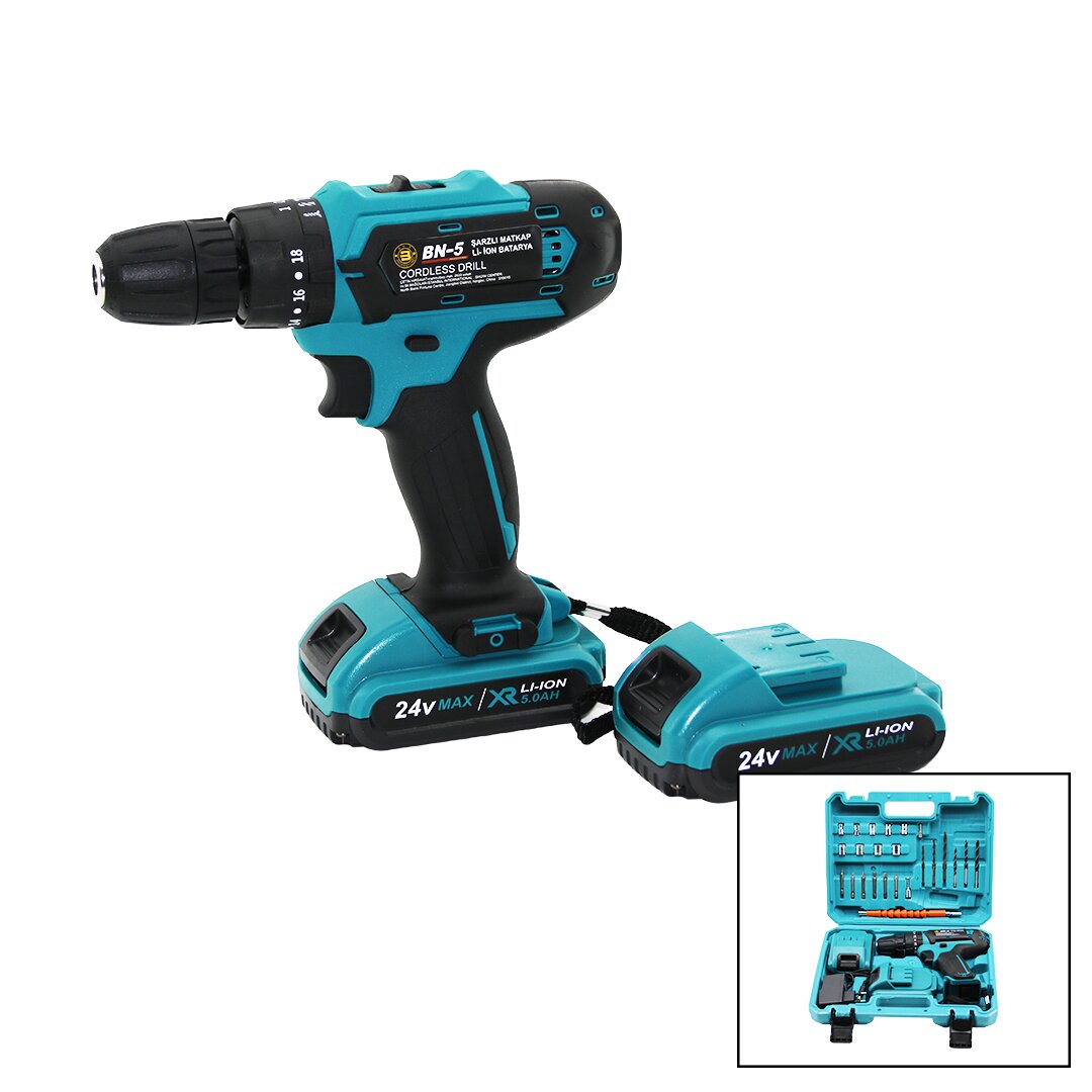 MAVİ 1250 RPM BN-5 F-136 CORDLESS DRILL FULL ŞARJLI=24V=5.0Ah - 2 BATARYA MATKAP SETİ ÇANTALI (4767)