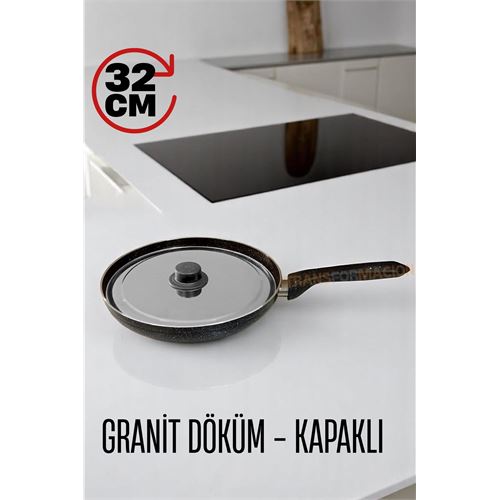 Turk Granit Döküm Tava Paslanmaz Çelik Kapaklı -Yapışmaz Taban 32 Cm