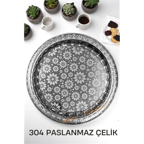 Turk Servis Tepsisi - Çelik Çay Tepsisi  Şık Desenli Tepsi 36 CM