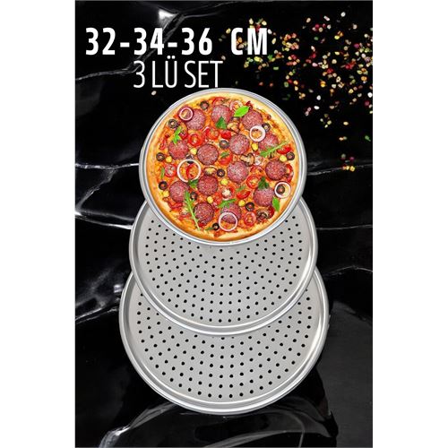 Turk Delikli Pizza Lahmacun Tepsisi Çelik 32-34-36 CM 3 lü SET