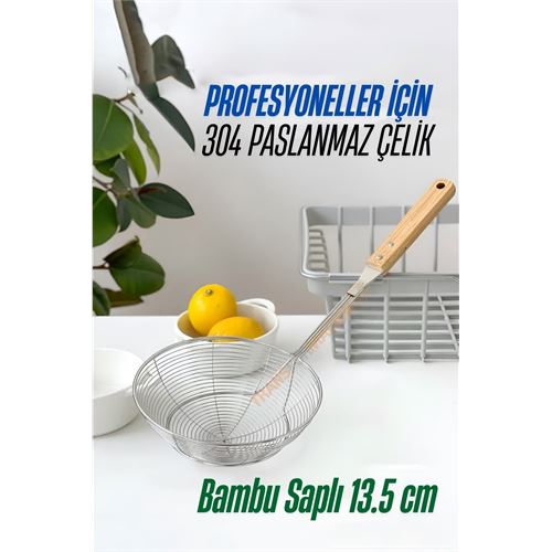 Turk Bambu Saplı Kevgir Süzgeç 304 Paslanmaz Çelik 13.5 cm
