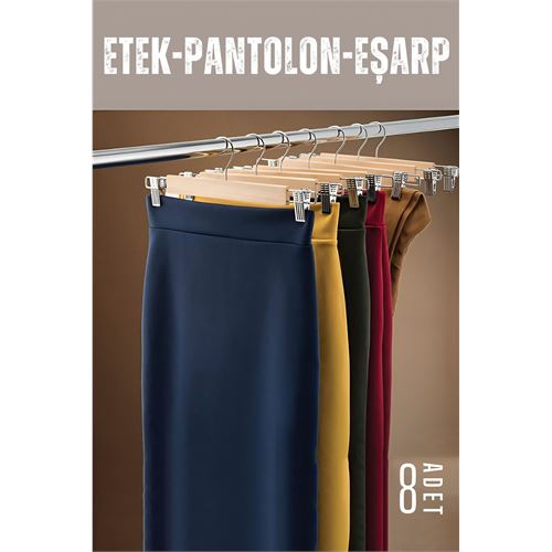 Turk Etek Pantolon Eşarp Kıskaçlı Askı 8 Adet Ahşap