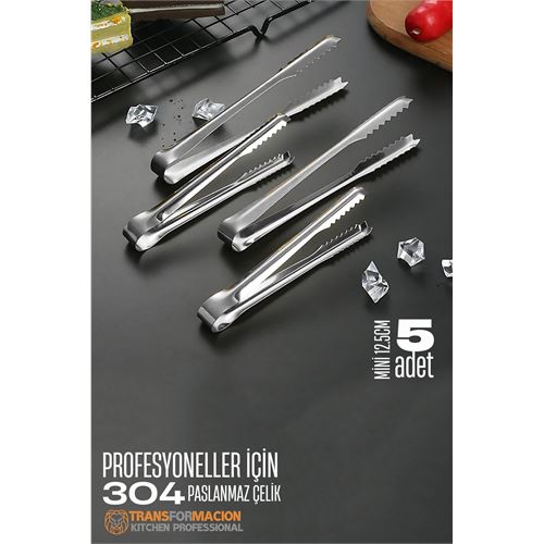 Turk Mini 12.5 cm Buz Maşası - Şeker Limon Maşası Kokteyl Servis Maşası 5 li PAKET 304 Paslanmaz Çelik
