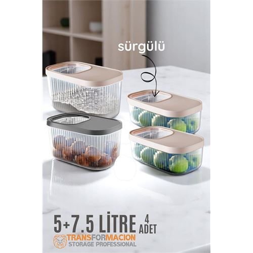 Turk Erzak Bakliyat Kutusu Sürgülü Kapak Saklama Kabı 5 ve 7.5 Litre 4 lü