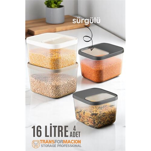 Turk Erzak Bakliyat Kutusu Sürgülü Kapak Saklama Kabı 16 Litre 4 ADET