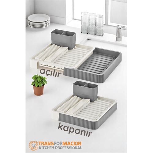 Turk Açılır-Kapanır Bulaşıklık - Bulaşık Durulama Sepeti Tabaklık Bulaşık Kurutmalık GRİ