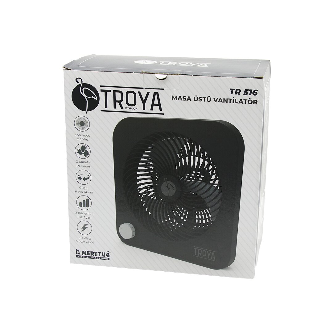 MASA ÜSTÜ VANTİLATÖR FAN=22CM 3 KADEME HIZ 40W  3 PERVANE  SİYAH PLS.STAND=28X27X13CM TR-516 (4767)
