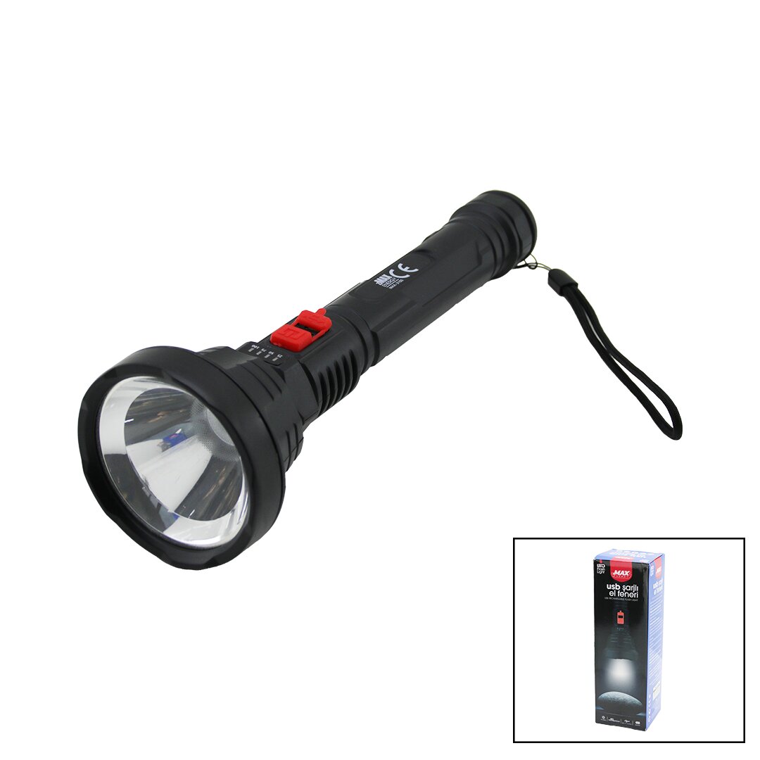 USB ŞARJLI=5V 1W LED EL FENERİ 3-KADEME IŞIK - FLAŞÖR ŞARJ GÖSTERGE 70LÜMEN 25.7CM (4767)