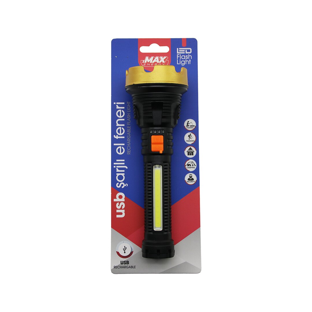 ORTA=19CM 2İN1= OSL LED - COB LED USB ŞARJLI EL FENERİ 3-KADEME IŞIK - FLAŞÖR ŞARJ GÖSTERGE (4767)