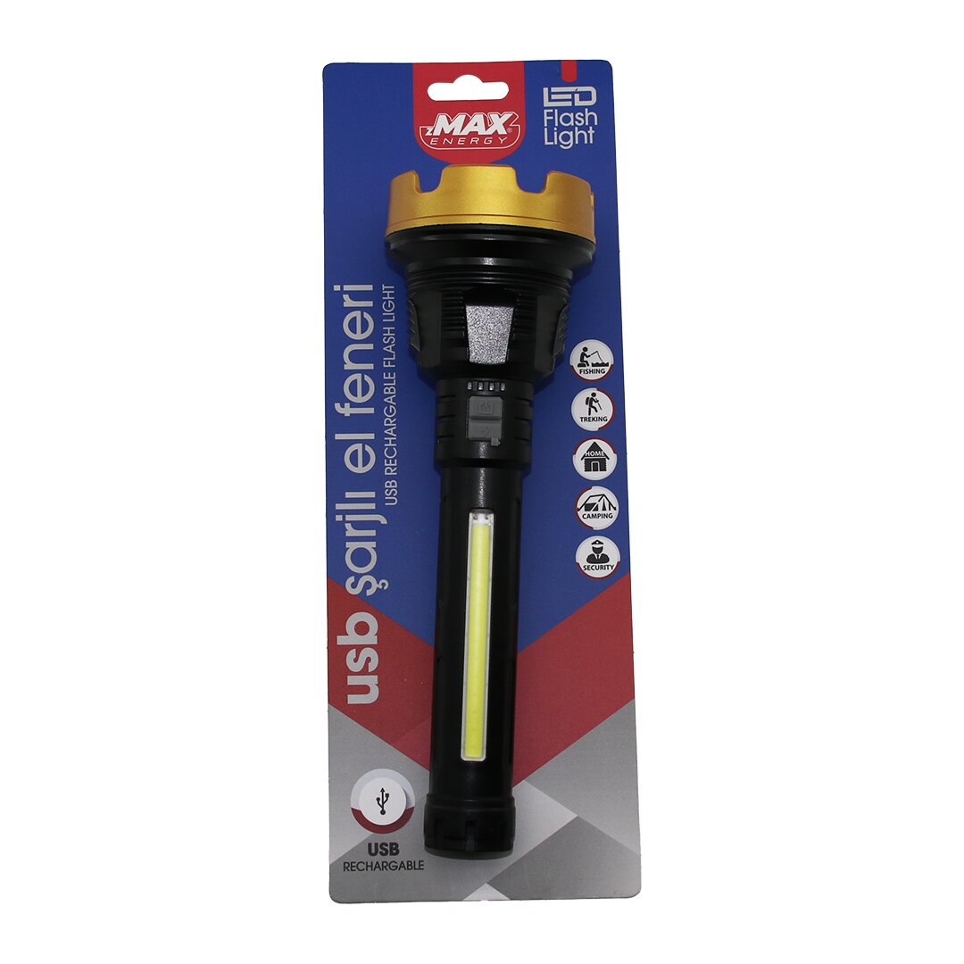 BÜYÜK=24CM 2İN1= OSL LED - COB LED USB ŞARJLI EL FENERİ 3-KADEME IŞIK - FLAŞÖR ŞARJ GÖSTERGE (4767)