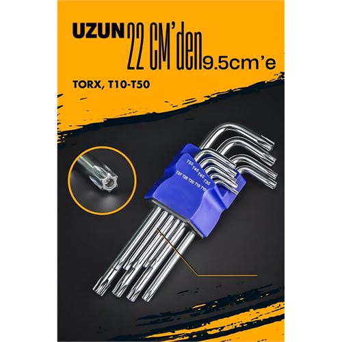 Turk Uzun Torx Anahtar Seti Yıldız Alyan Seti - Torx Allen Anahtarı 9 Parça