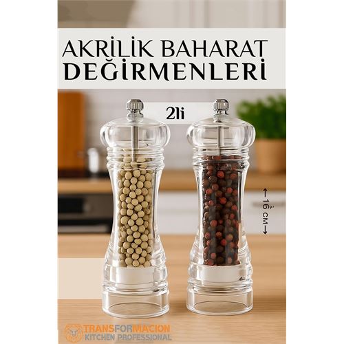 Turk Baharat Öğütücü - Baharat Karabiber Tuz Değirmeni Ahşap Akrilik Kristal 2 li SET