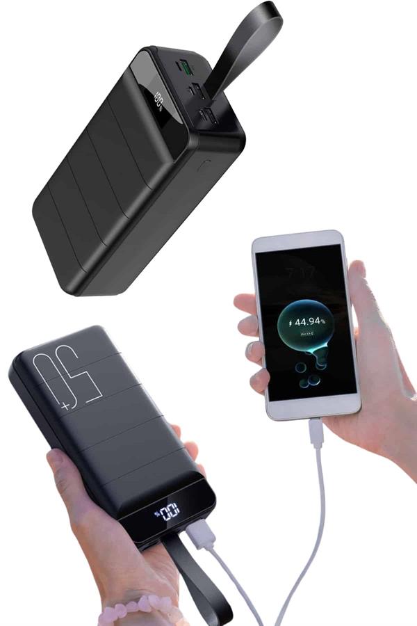 Taşınabilir Powerbank 50.000 mAh 4 Girişli Hızlı Şarj Led Göstergeli Fenerli Şarj
