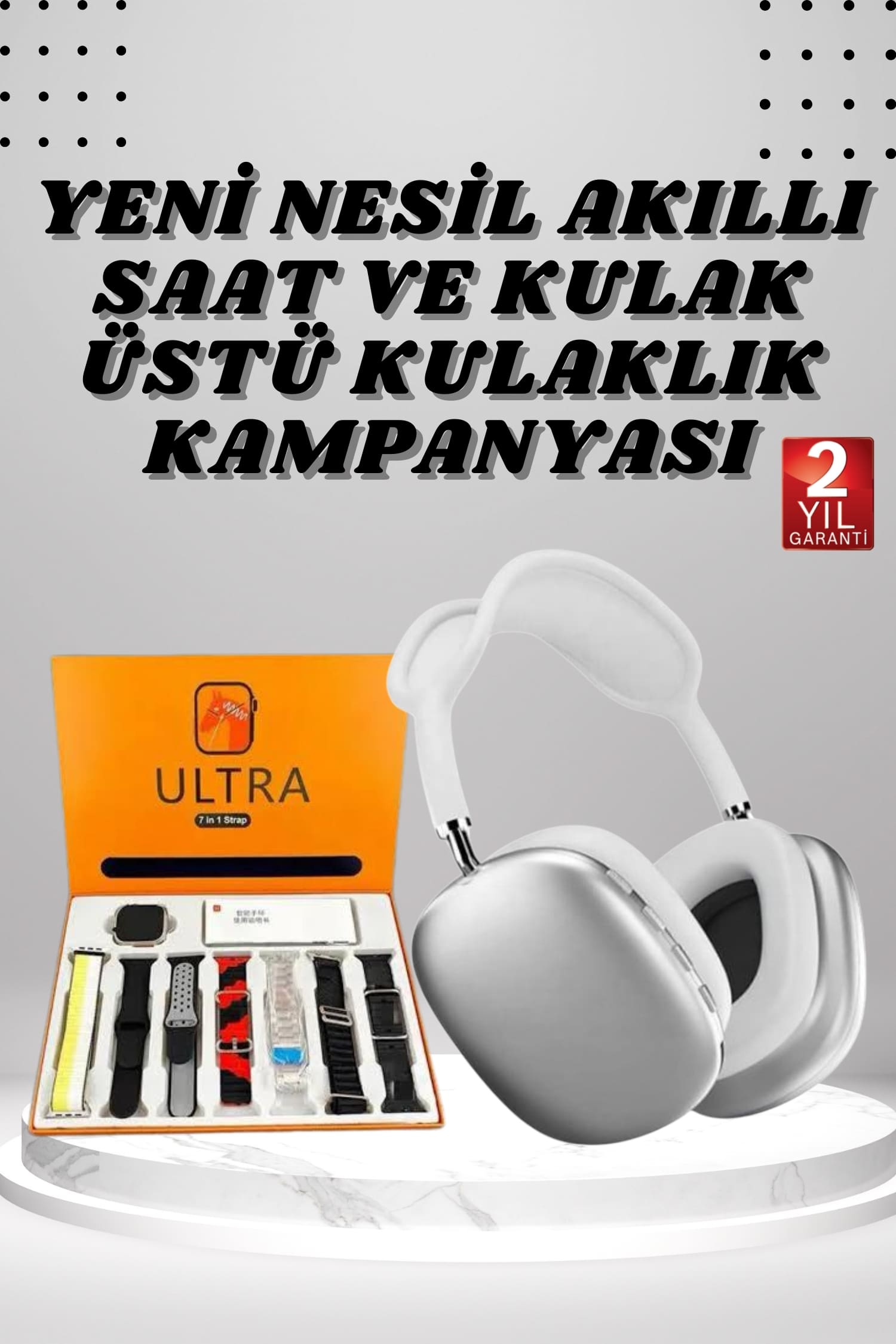 Kulak Üstü P9 Kablosuz Bluetooth Kulaklık ve 7 Kordonlu Akıllı Saat