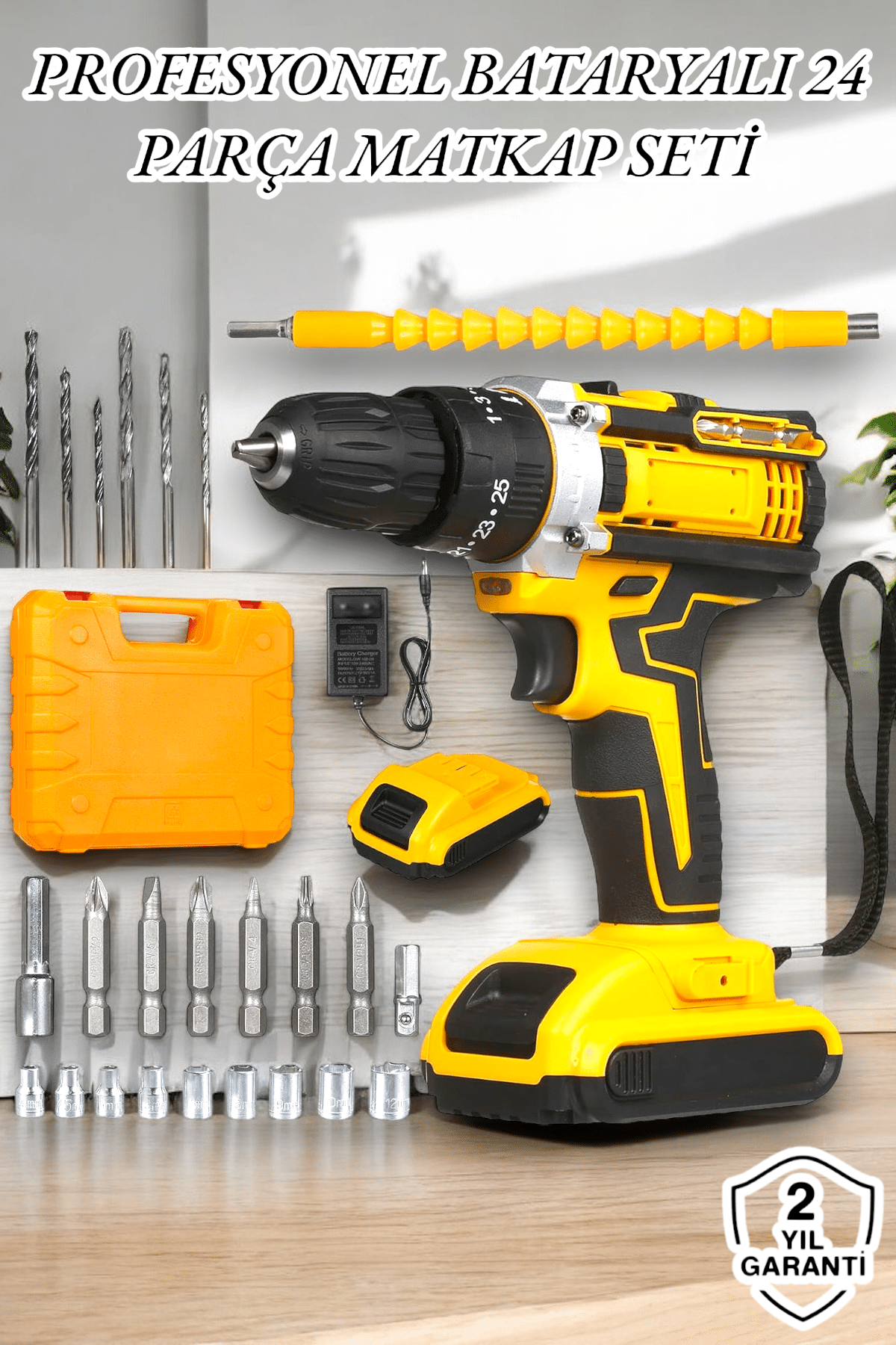 24 Parça Çift Bataryalı Şarjlı Matkap Seti 24W Motor ve Otomatik Mil Kilitli Tasarım
