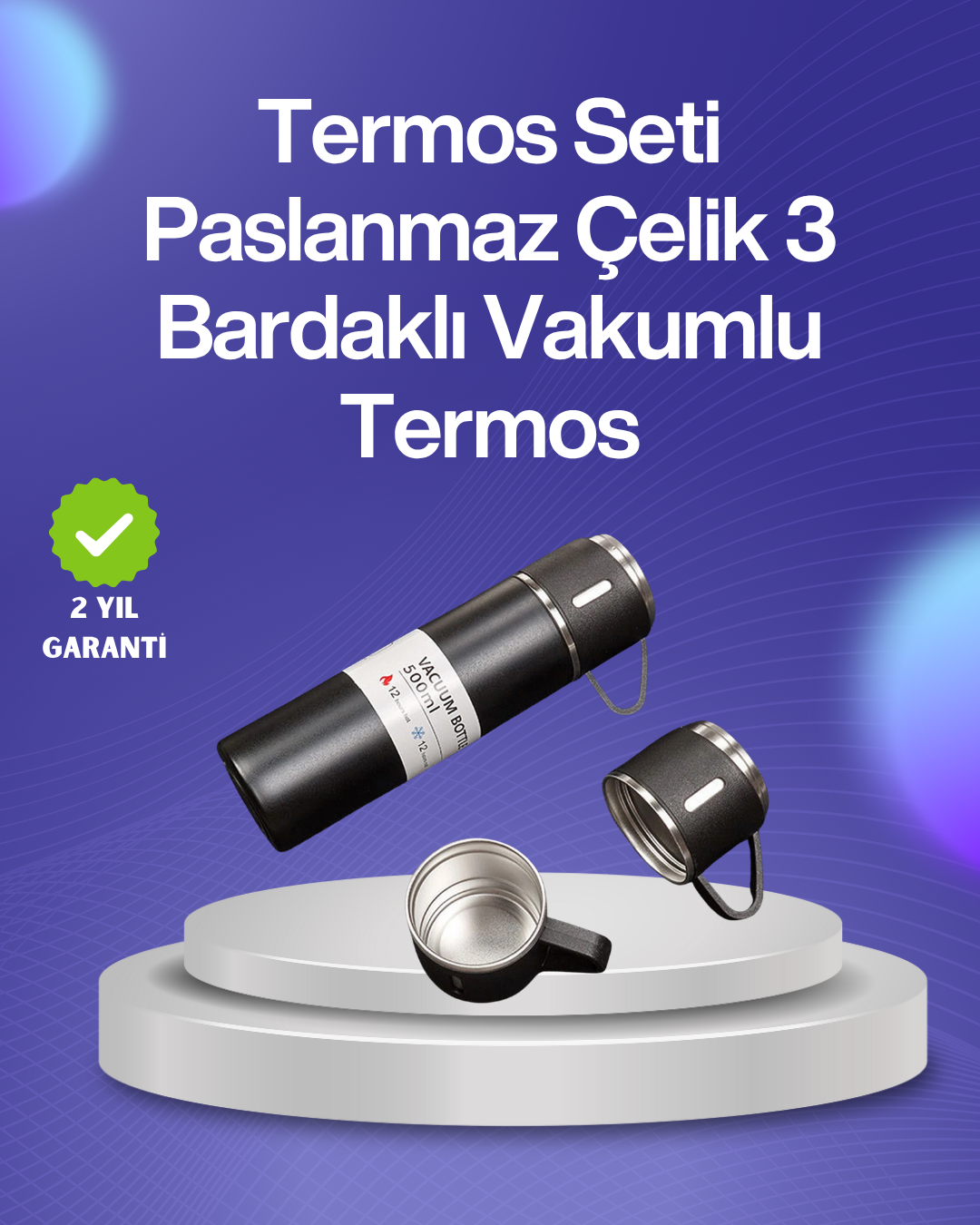 Isıyı Uzun Süre Koruyan 500 ml Termos Seti | Çelik Gövde, 2 Bardaklı, Hediye Kutulu