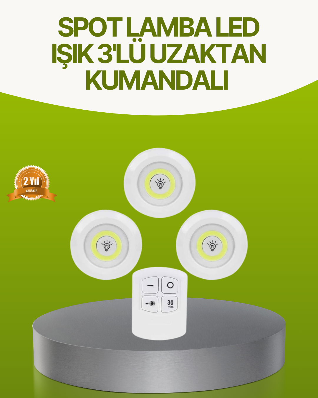 Uzaktan Kumandalı 3 Lü Kablosuz Led Spot Lamba Seti Yapışkanlı Pratik Kullanım