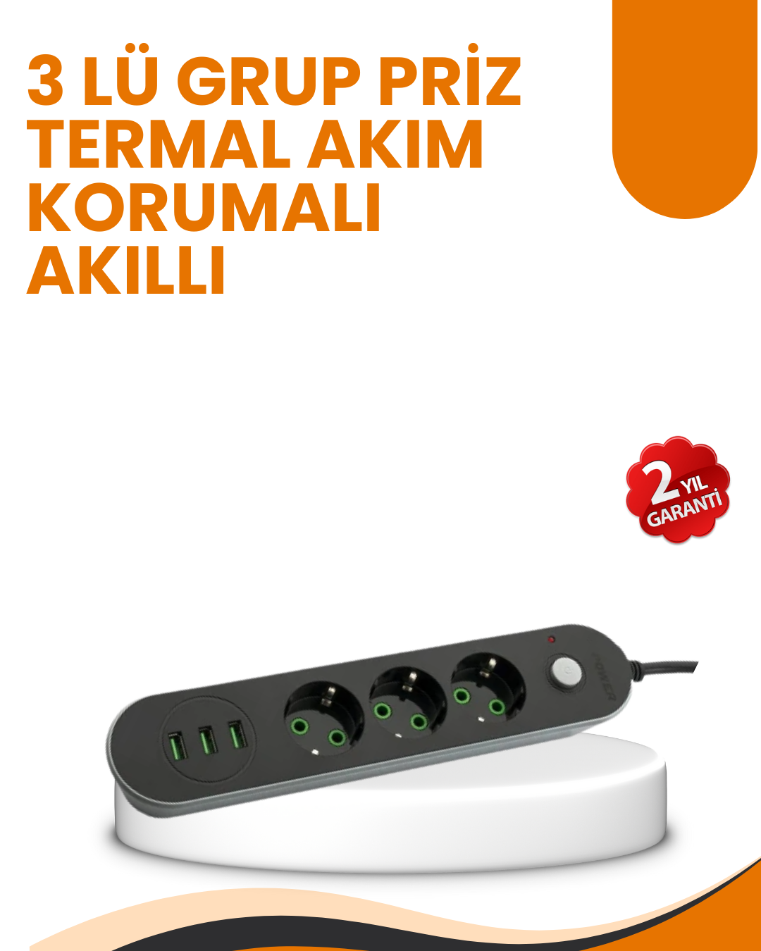 2 Metre Kablolu 3 USB Portlu Anahtarlı Üçlü Priz