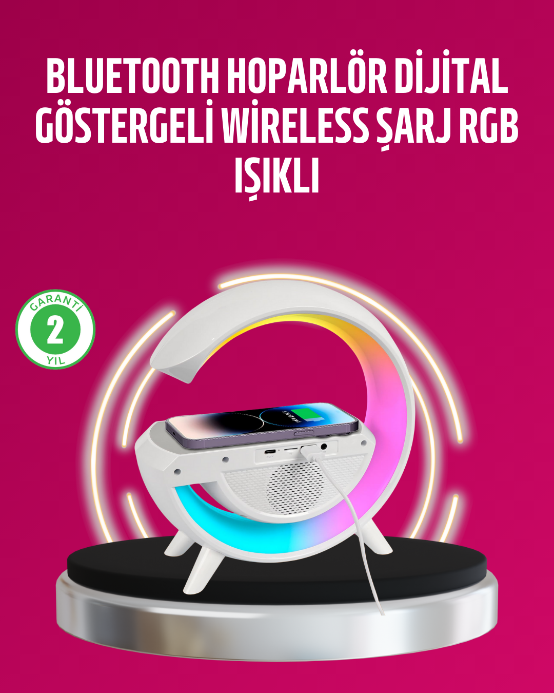 Kablosuz Şarjlı LED Masa Lambası Çalar Saat ve Beyaz Gürültü Özellikli