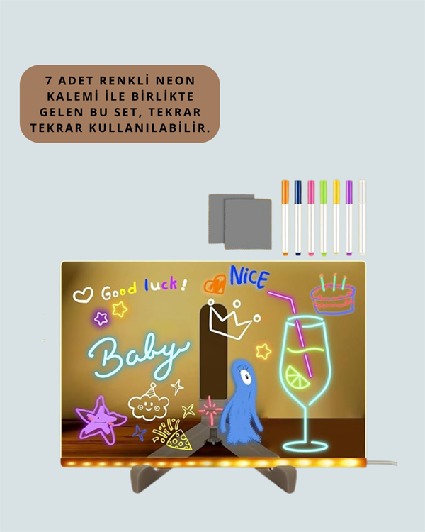 Çocuklar İçin Renkli LED Mesaj Tahtası – Neon Kalemli, Eğlenceli ve Yaratıcı Yazı Panosu