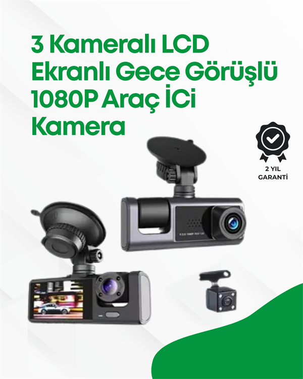 2.0” LCD Ekranlı, Döngüsel Kayıt Özellikli Üç Kameralı Oto Kamera