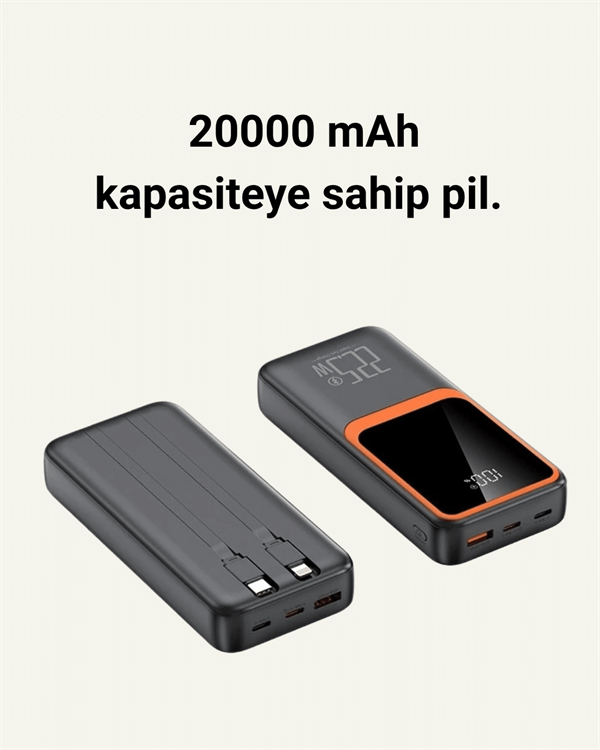 20000 mAh Powerbank | Çok Kablolu, Dijital Göstergeli, Yüksek Hızlı Şarj Cihazı