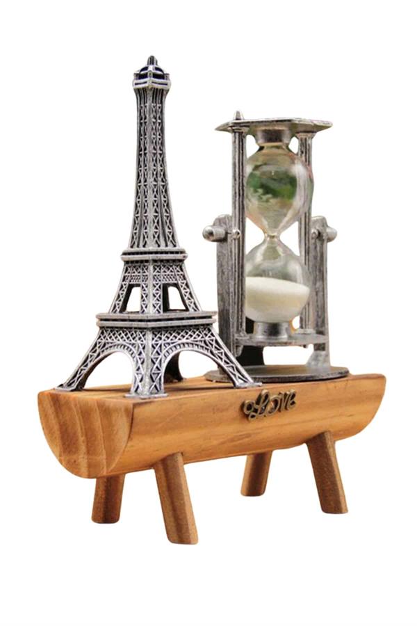 Eyfel Kulesi Tasarımlı Kum Saati Kristalleştirilmiş Kum Saati Dekoratif Ahşap Görünümlü