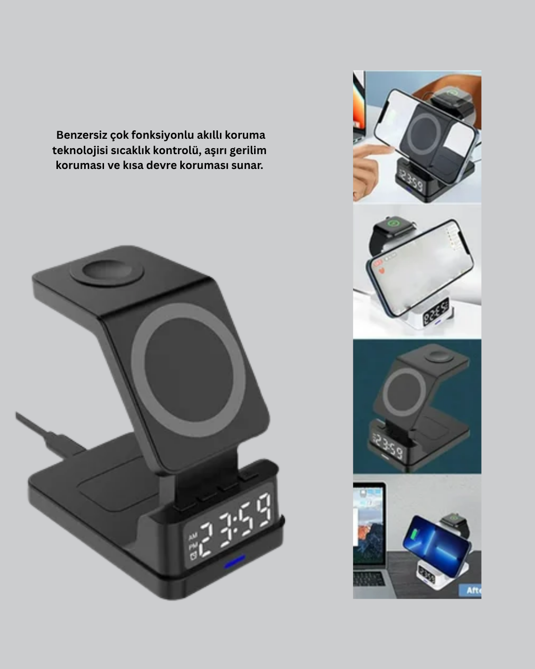 4’ü 1 Arada Kablosuz Şarj İstasyonu – LED Saat Ekranlı, Apple Uyumlu, Akıllı Güvenlik Koruması