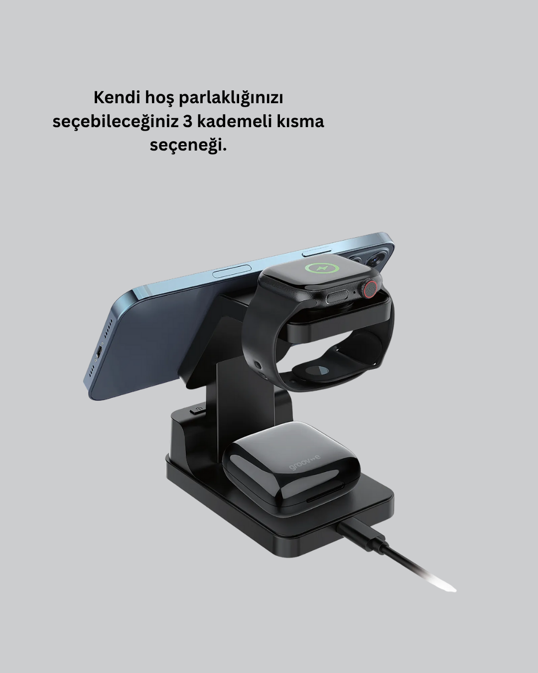 4’ü 1 Arada Kablosuz Şarj İstasyonu – LED Saat Ekranlı, Apple Uyumlu, Akıllı Güvenlik Koruması