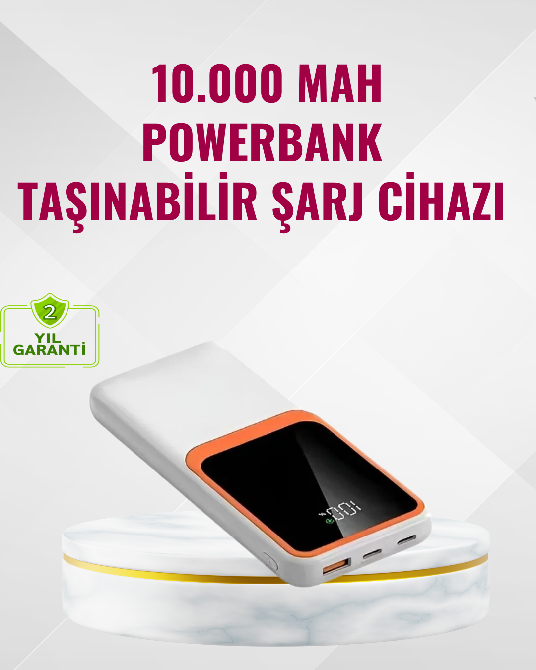 Powerbank 10000 mAh – Çift USB Çıkışlı, Type-C Girişli, Şık Beyaz Tasarım