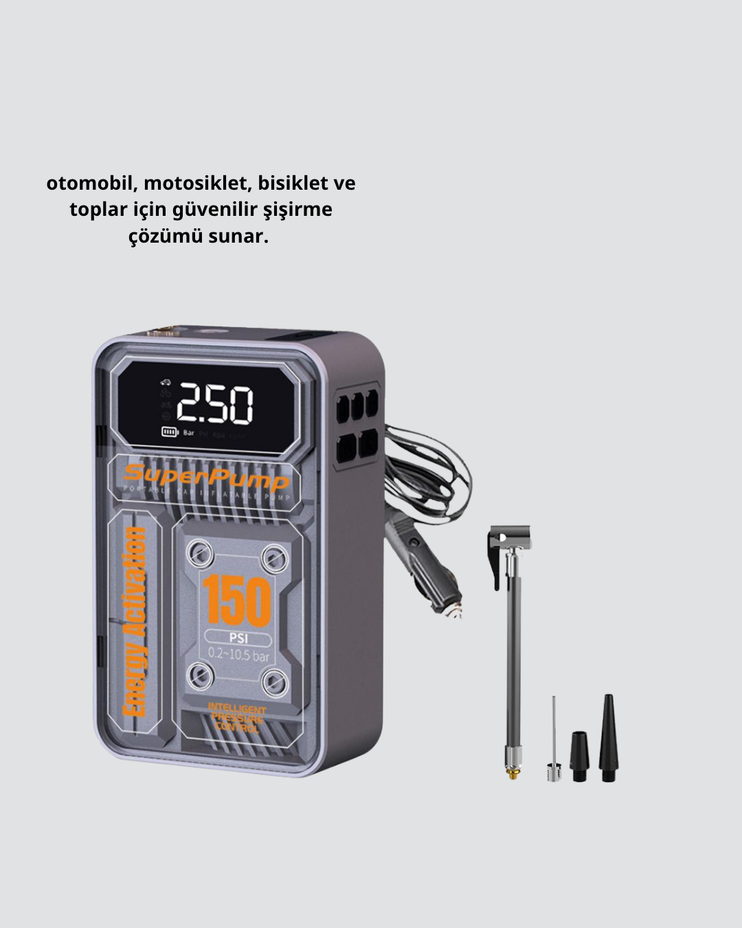 Taşınabilir Kablosuz Hava Pompası – 150 PSI Güçlü Basınç ve 6000mAh Şarjlı