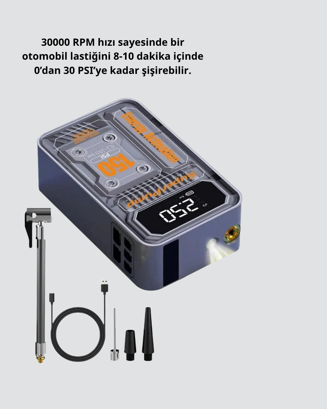 Taşınabilir Kablosuz Hava Pompası – 150 PSI Güçlü Basınç ve 6000mAh Şarjlı