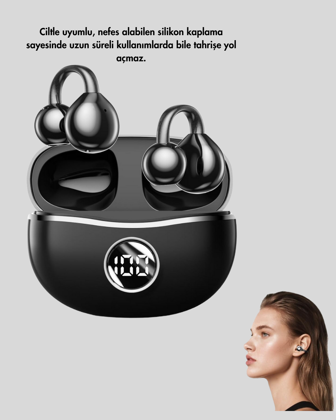 Ergonomik Klipsli Kablosuz Kulaklık – 30 Saat Pil ve Dokunmatik Kontrol Özelliği