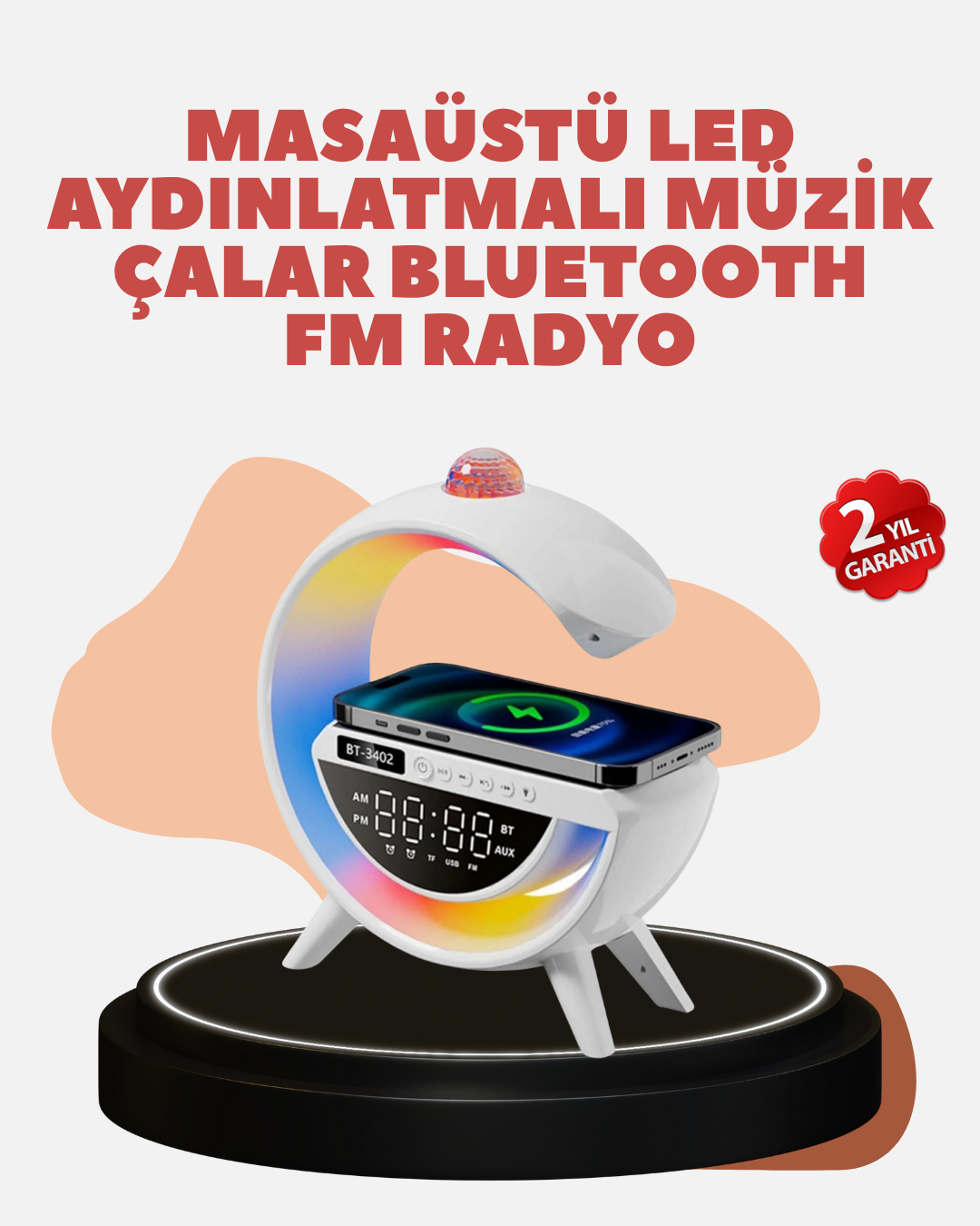 Bluetooth 5.0 Kablosuz Şarj Rampalı FM Radyo ve RGB Işıklı Hoparlör