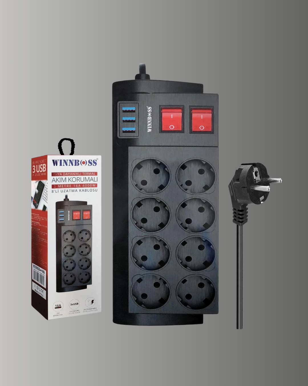 Termal Korumalı 8 Prizli 3 USB’li Uzatma Kablosu