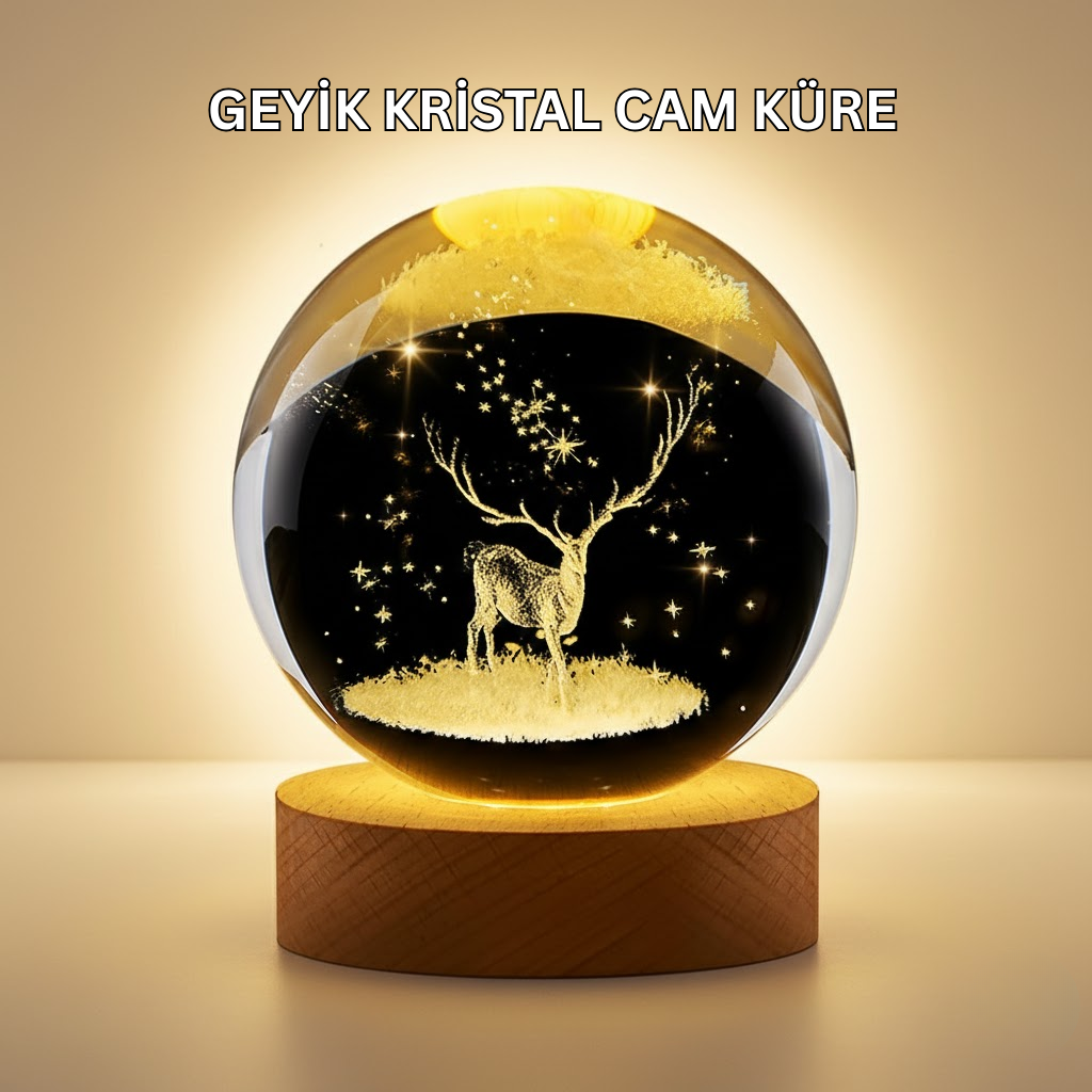 3D Lazer İşlemeli Geyik Kristal Küre Sıcak Işıklı Gece ...