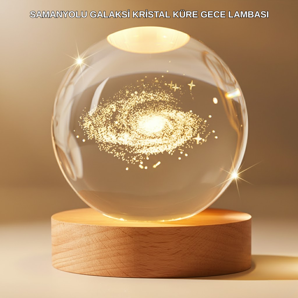 Gün Işığı LED’li 3D Kristal Galaksi Küre Ahşap Tabanlı Dekoratif Lamba