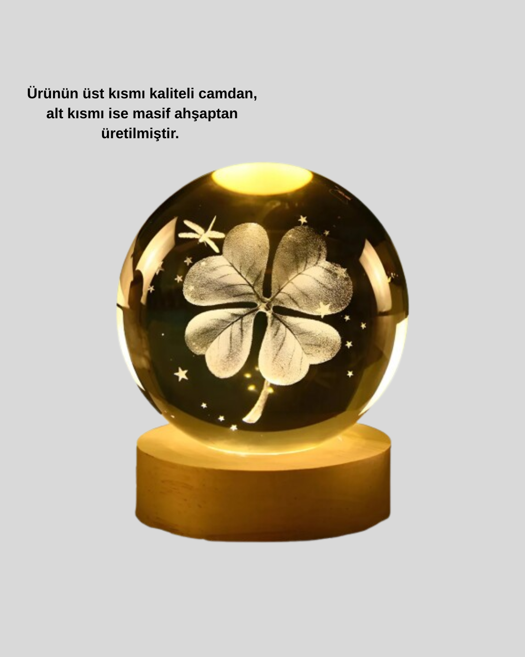 Yonca Bitki Figürlü LED Işıklı Cam Küre USB Ahşap Standlı Gece Lambası