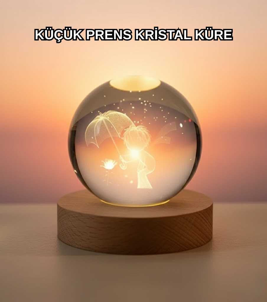 Masif Ahşap Standlı 3D Küçük Prens Kristal Top USB Gece Lambası Sıcak Işık