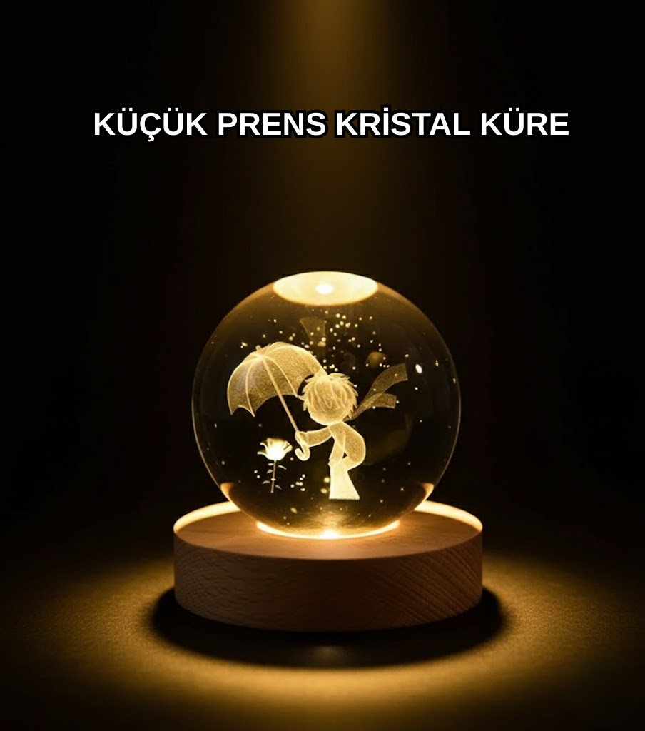 8 cm Küçük Prens 3D Kristal Küre USB Işıklı Ahşap Altlıklı Dekoratif Lamba