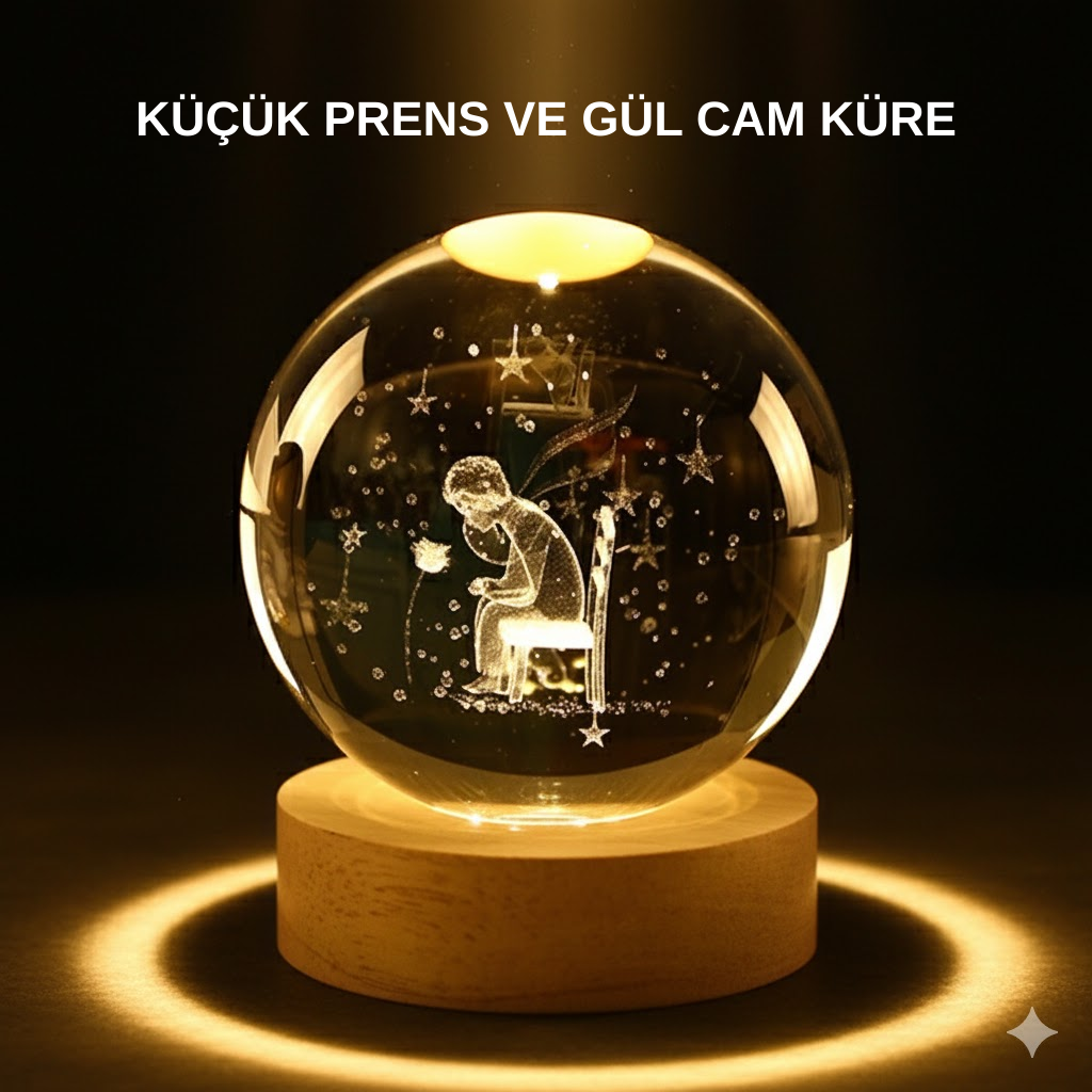 Küçük Prens Işıklı Küre Lamba Ahşap Taban Büyük Boy Hediyelik