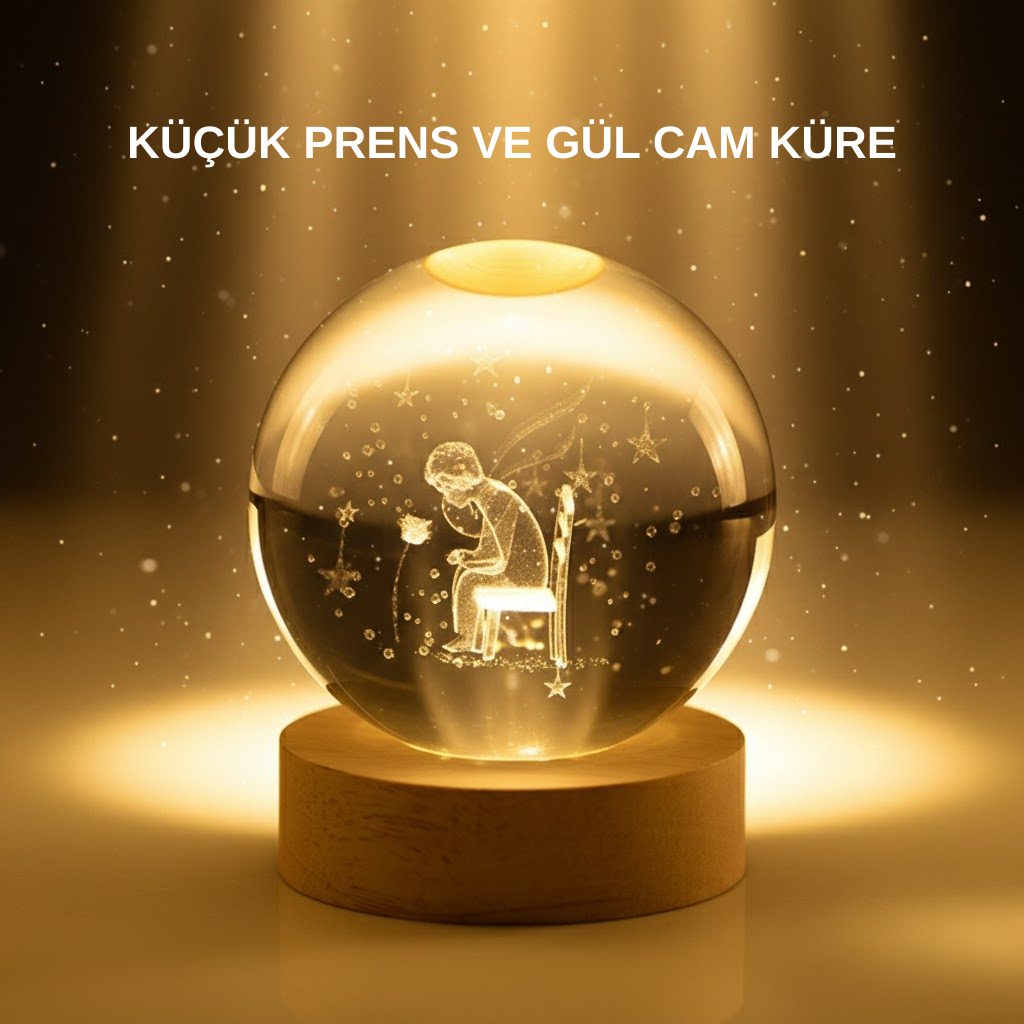 Küçük Prens Cam Küre USB Işıklı Ahşap Standlı Büyük Boy