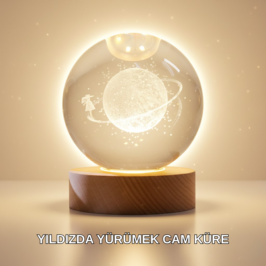 Ahşap Standlı Sarı Işıklı Dekoratif Küre Kız Figürü Tasarım