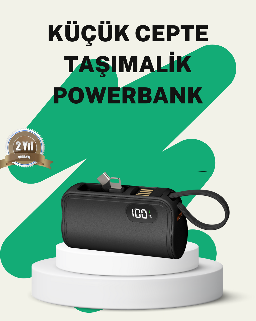 2000mAh Mini Powerbank Dahili Konektörlü PD 20W