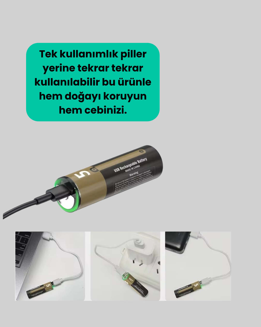 USB Type-C Girişli Şarjlı AA Lityum Pil | 1.5V Sabit Çıkış | 3200mWh (2'li Paket)
