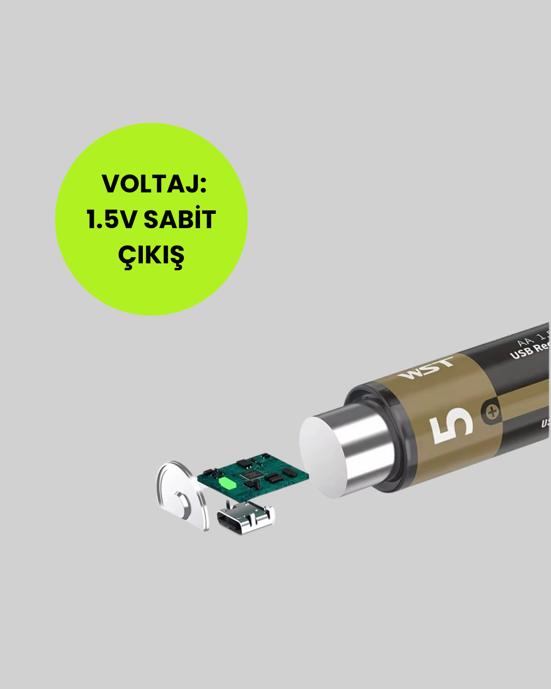 USB Type-C Girişli Şarjlı AA Lityum Pil | 1.5V Sabit Çıkış | 3200mWh (2'li Paket)