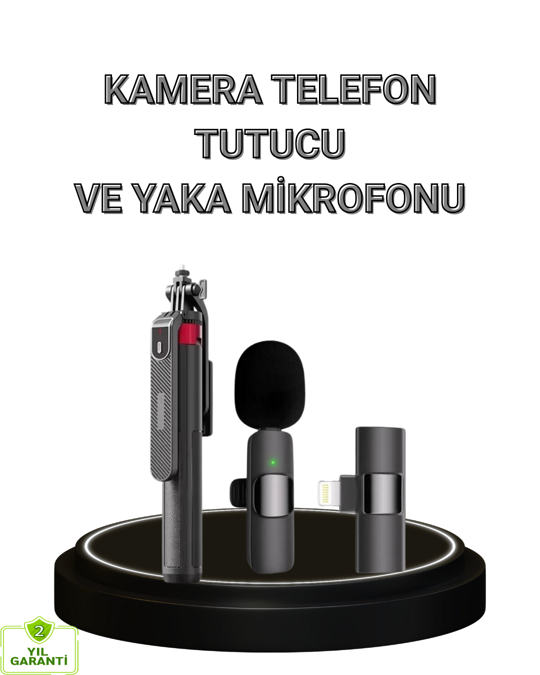 Vlog ve Canlı Yayın İçin Çift Yaka Mikrofonu ve Tripodlu Selfie Çubuğu Seti