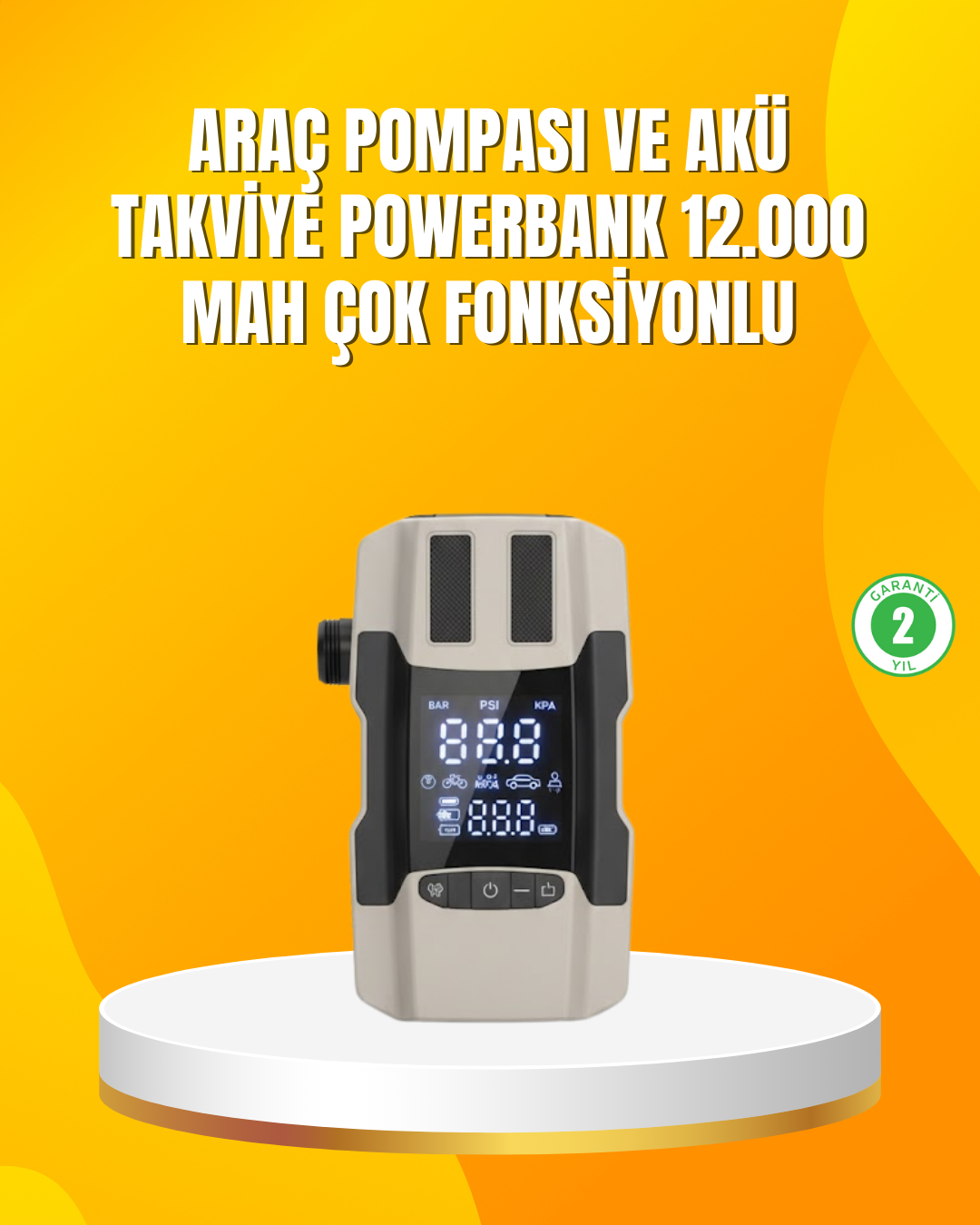 12.000 mAh Akü Takviye Powerbank Dahili Hava Pompalı Dijital Ekranlı