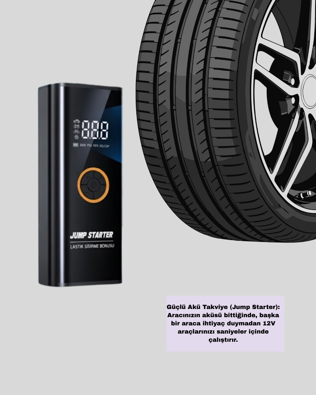 150 PSI Dijital Hava Pompası Akü Takviye ve Powerbank Özellikli