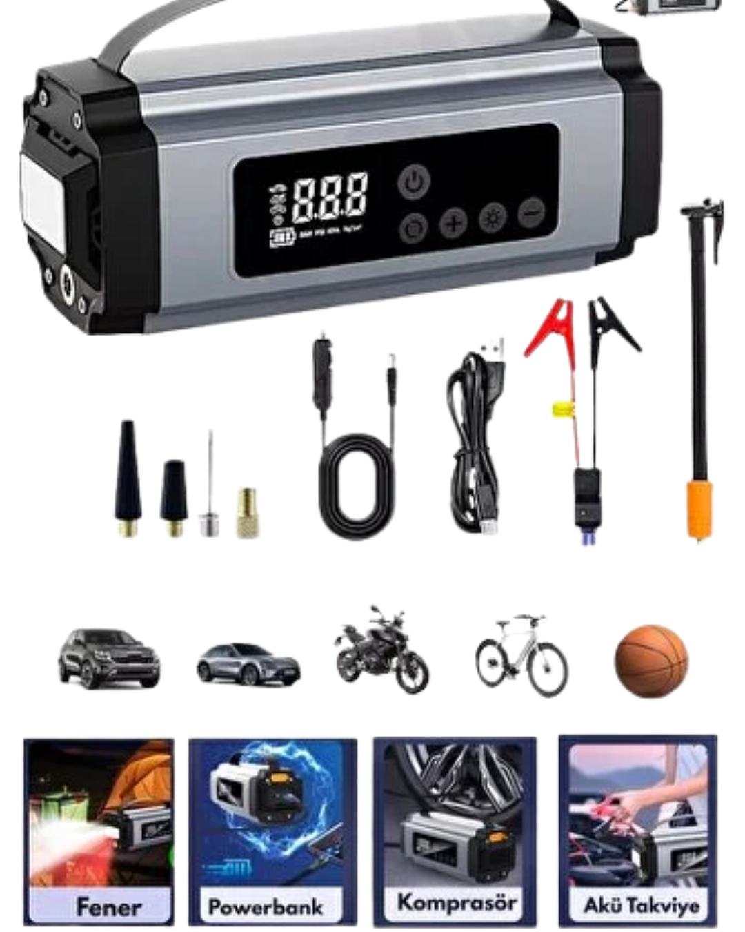 Taşınabilir Akü Takviye Cihazı Dijital Hava Kompresörü Powerbank ve LED Fener Bir Arada